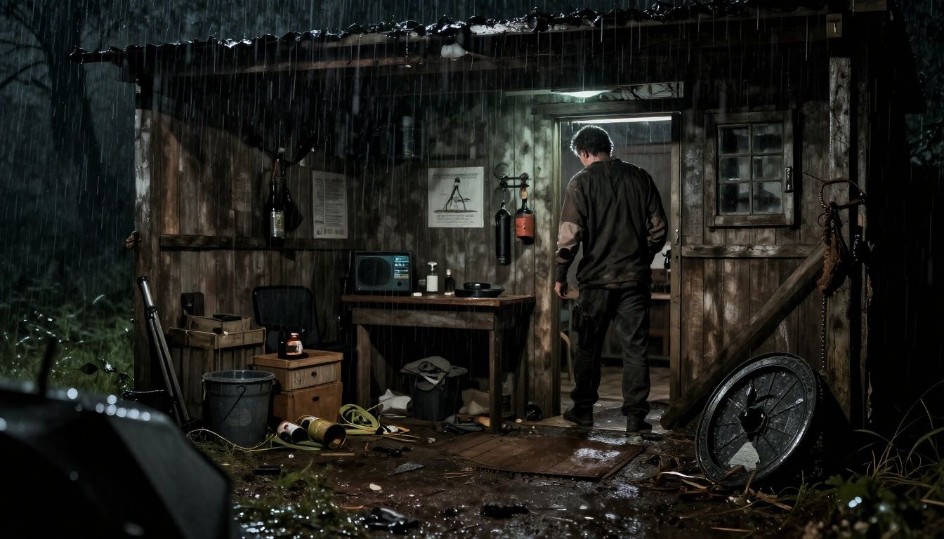 Um jogador solitário de Rust se escondendo em um abrigo de madeira durante uma tempestade noturna
