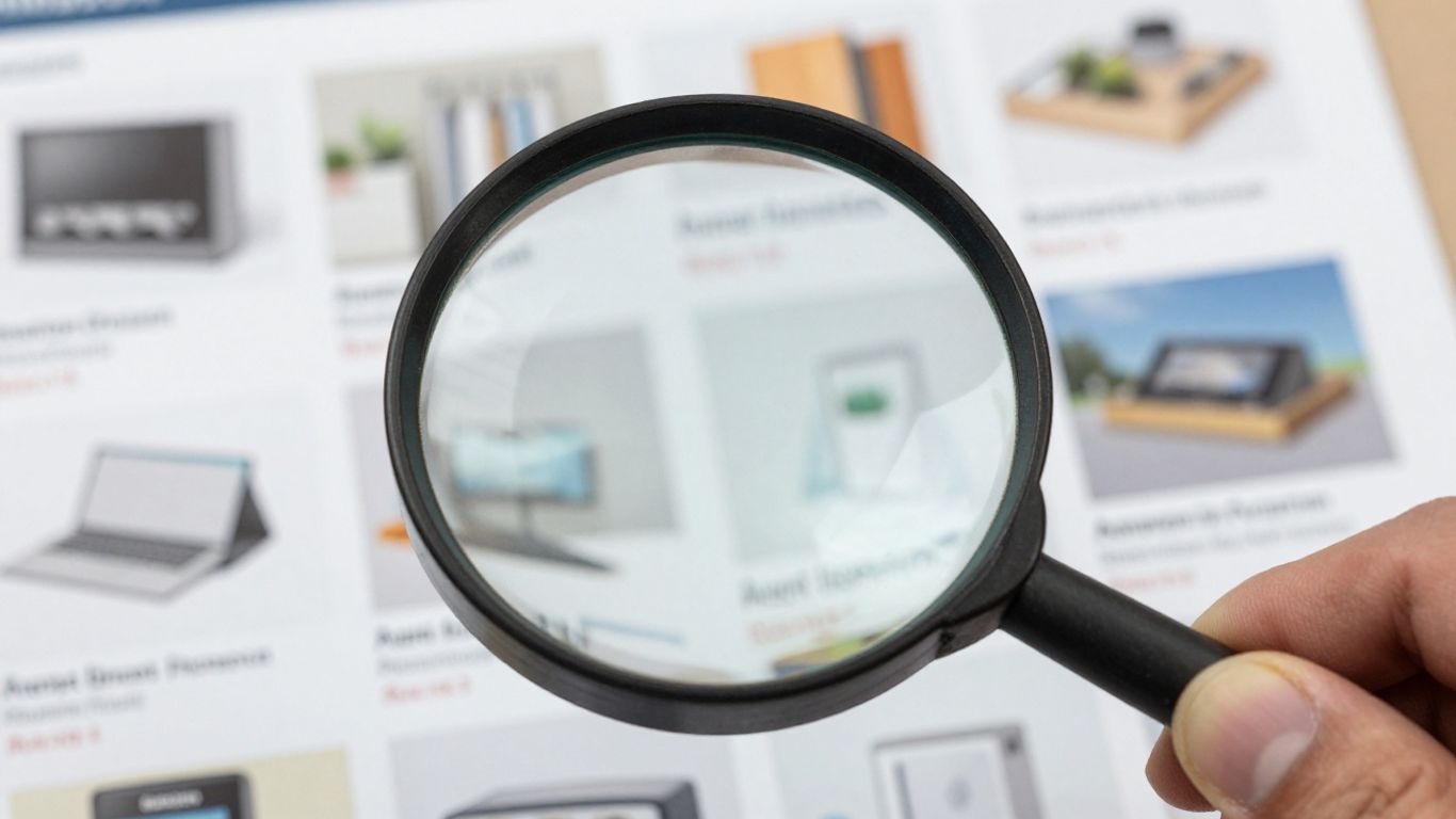 Magnifying glass over Amazon product listings.