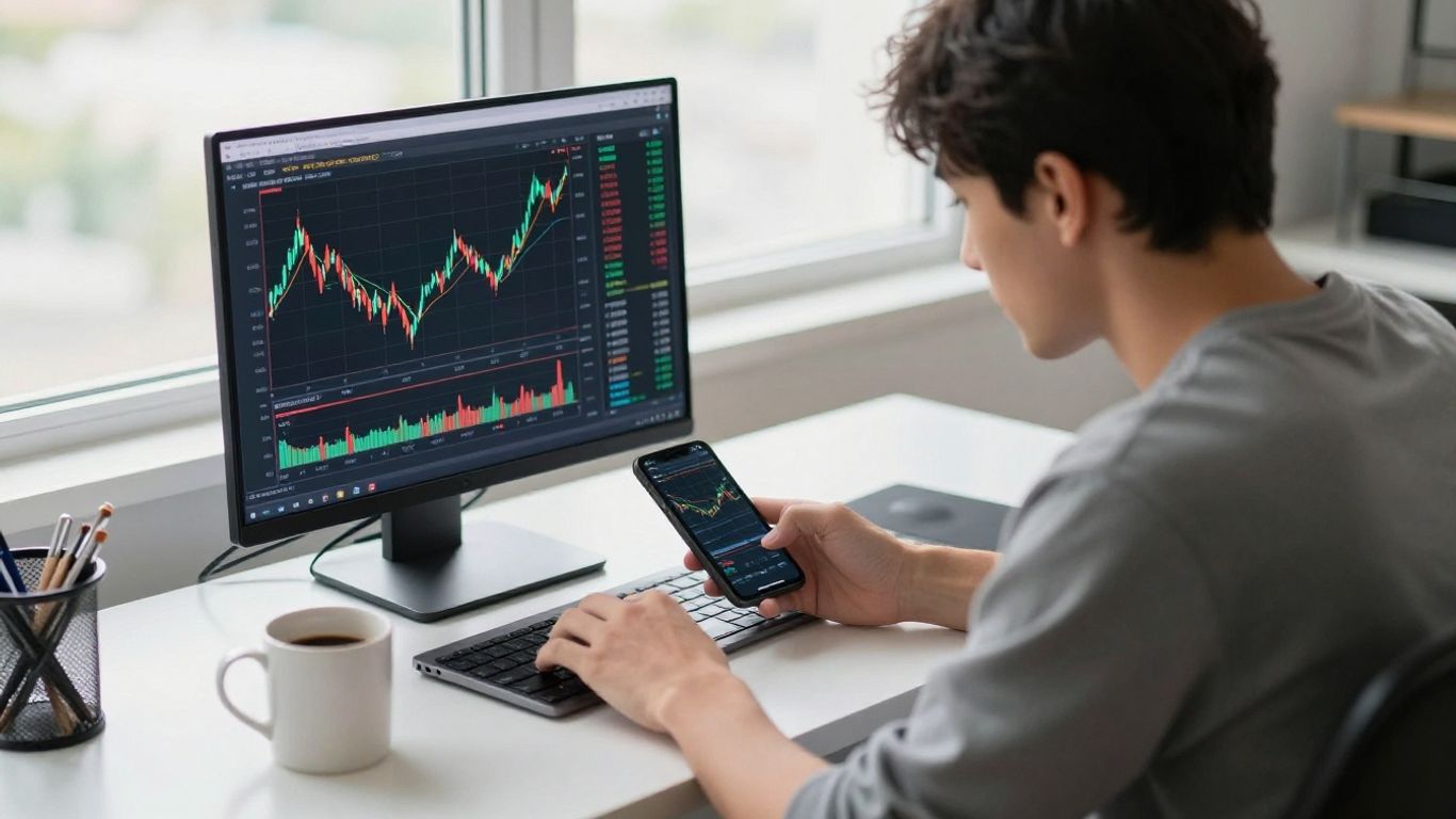 Person trading on smartphone at bright modern desk