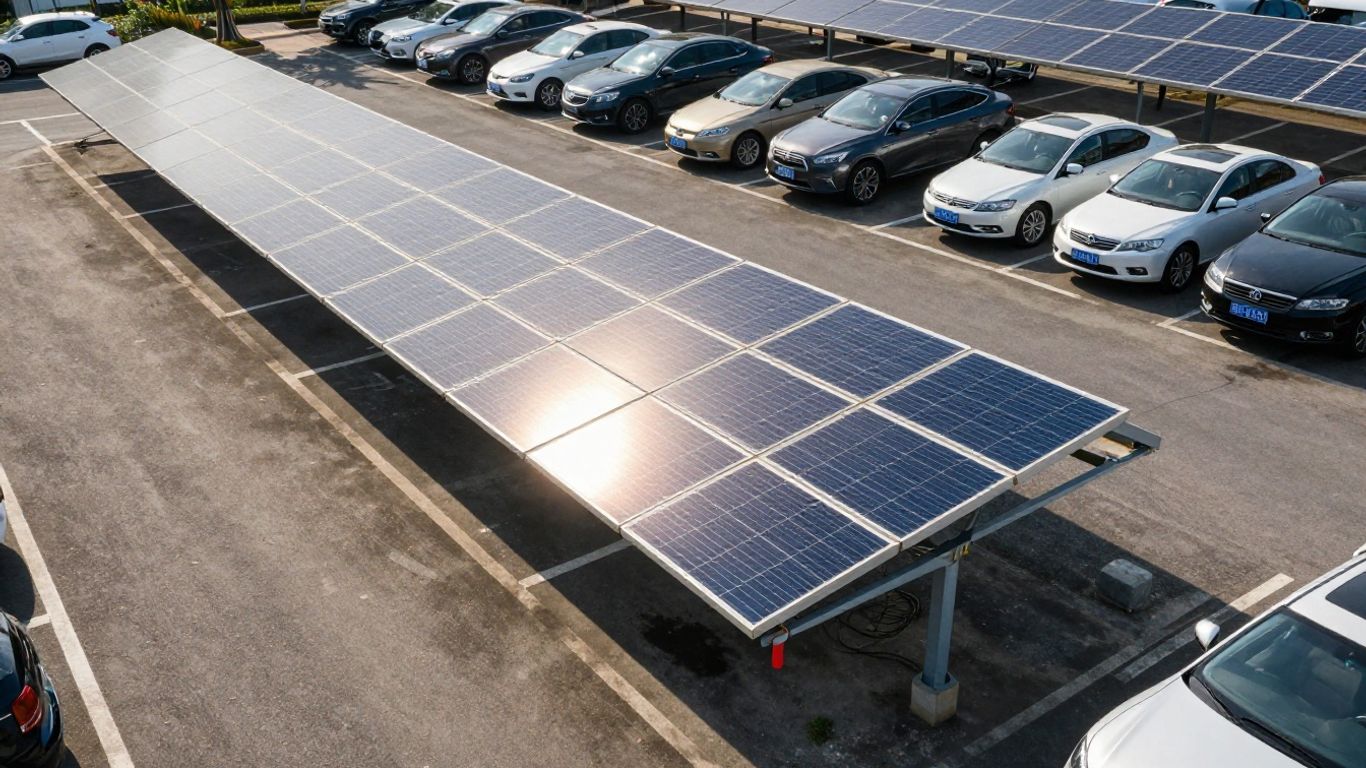 Panneaux solaires au-dessus d'un parking ensoleillé.