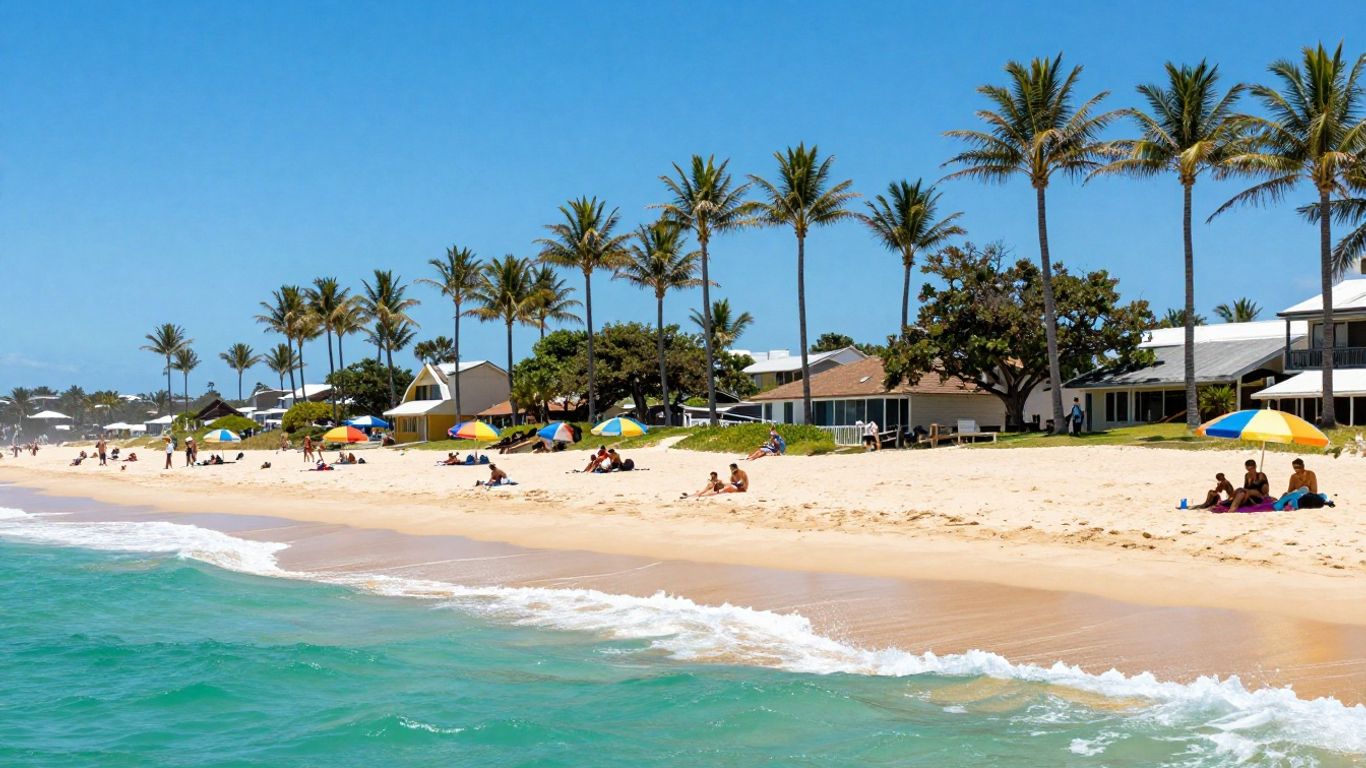 Gold Coast beach with palm trees and ocean waves.