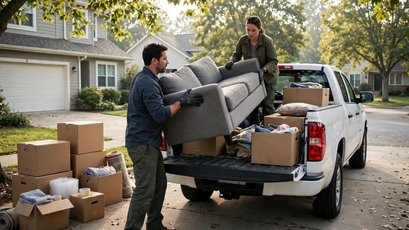 Junk removal crew loading furniture into a truck