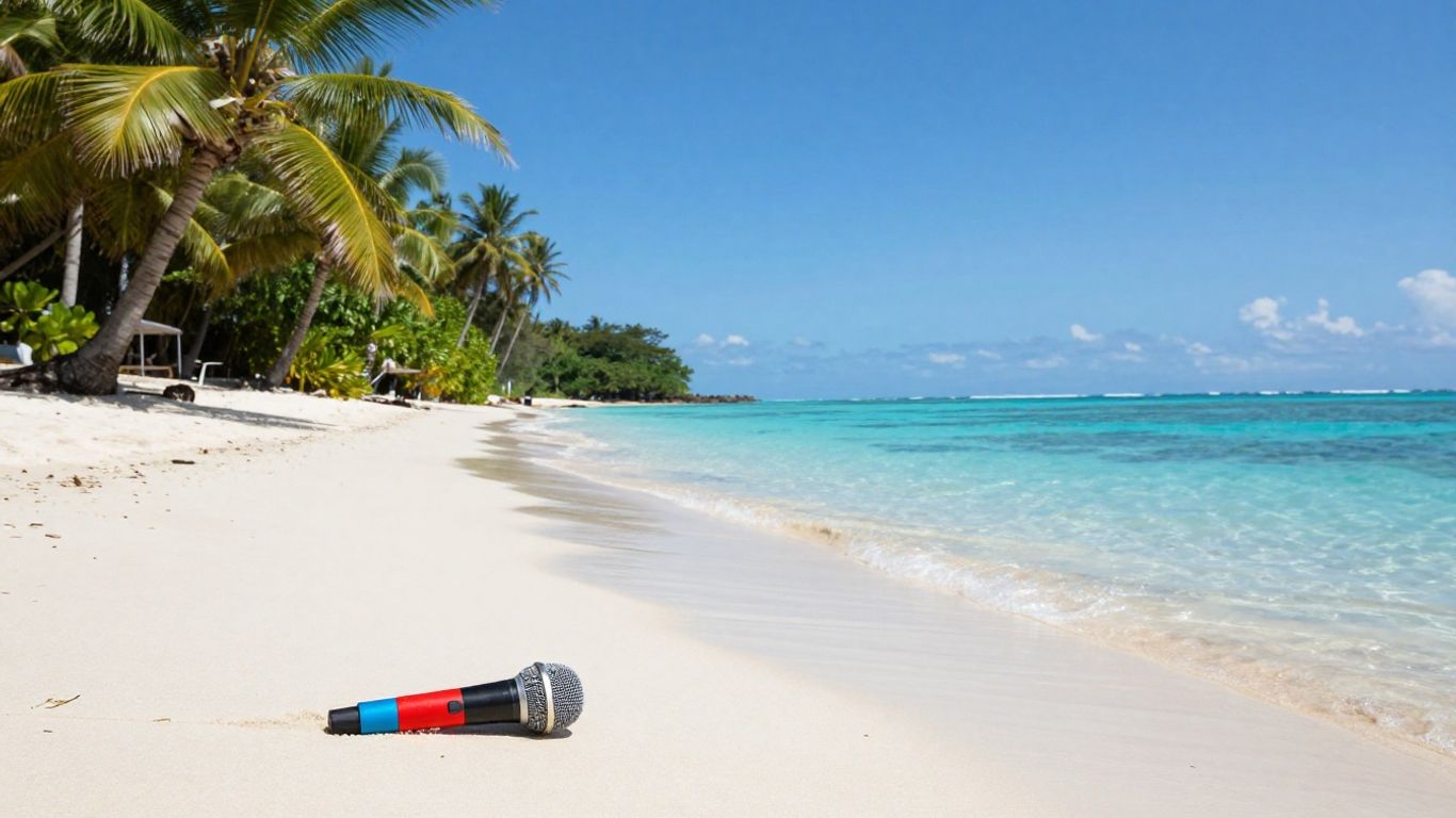 Muzikant op een tropisch eiland met een microfoon.