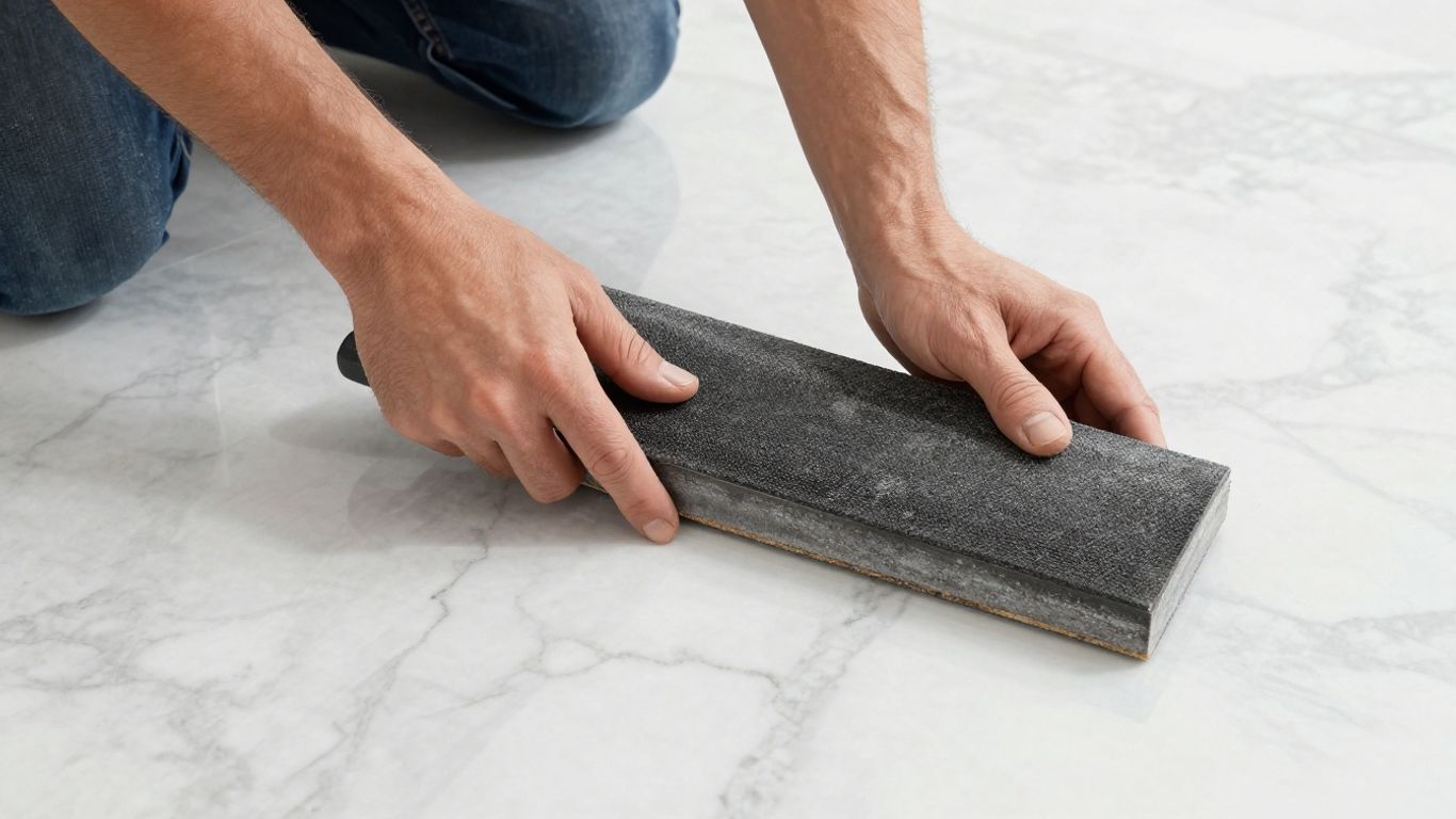 Contractor using grout float on marble tile