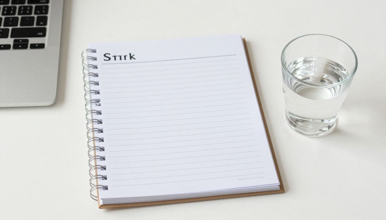 A clean, modern workspace with a minimalist planner and a glass of water, symbolizing a fresh, intentional start to a new season.
