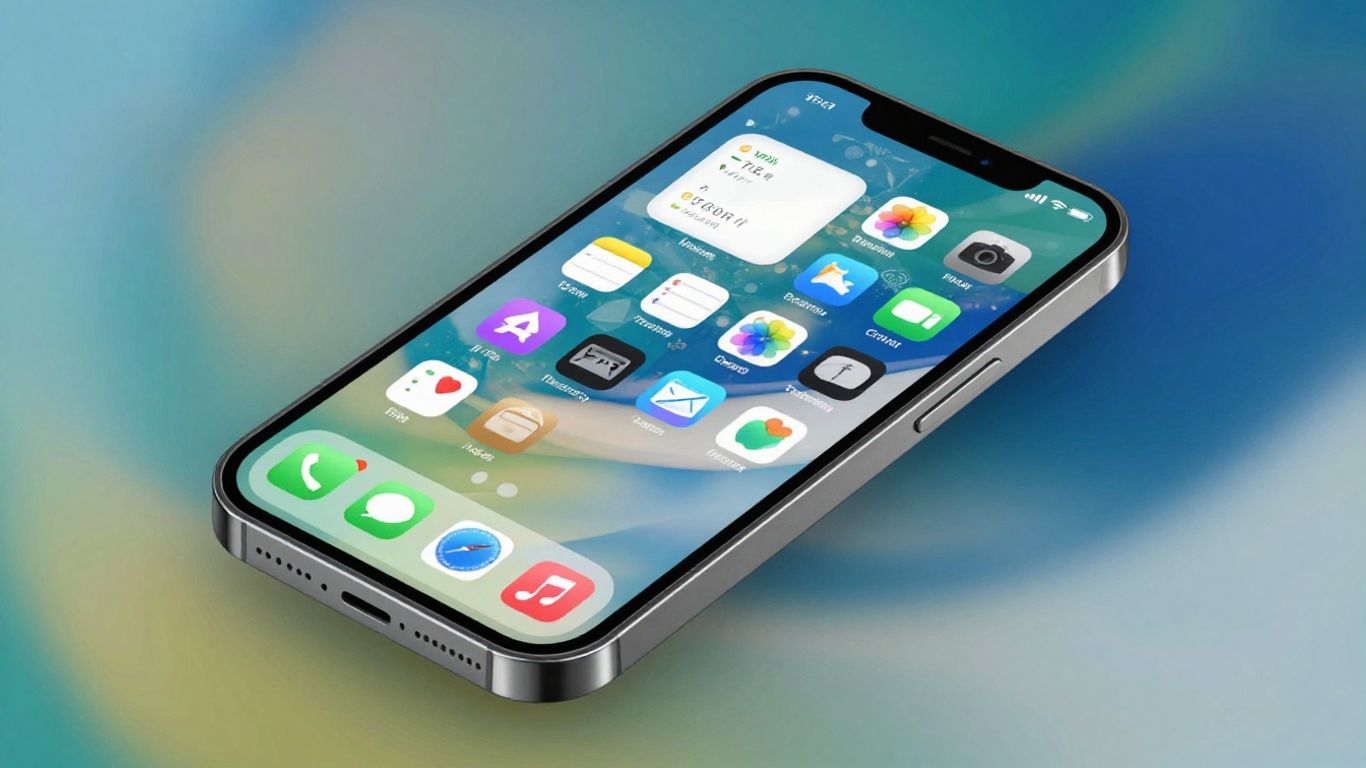 Celular com ícones de aplicativos coloridos e fundo suave.