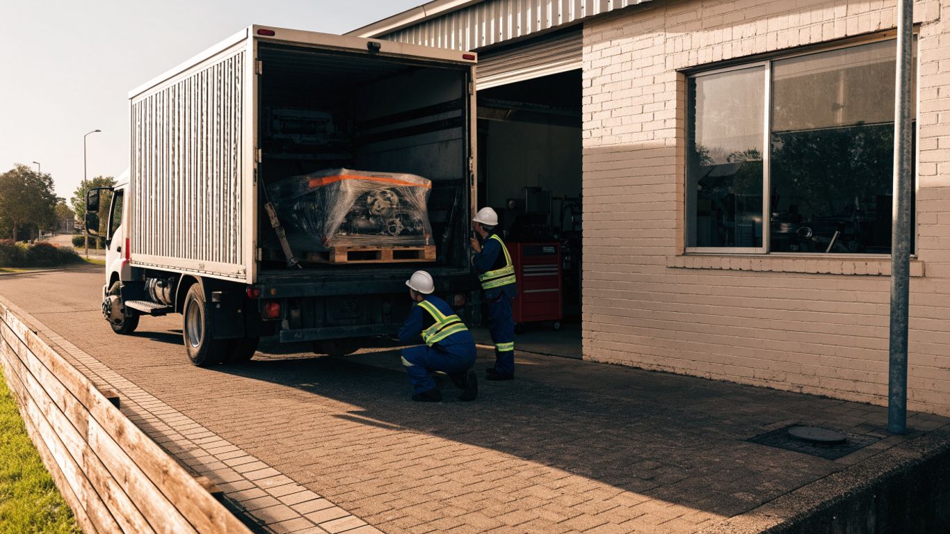 Transport vehicle beside a workshop loading area