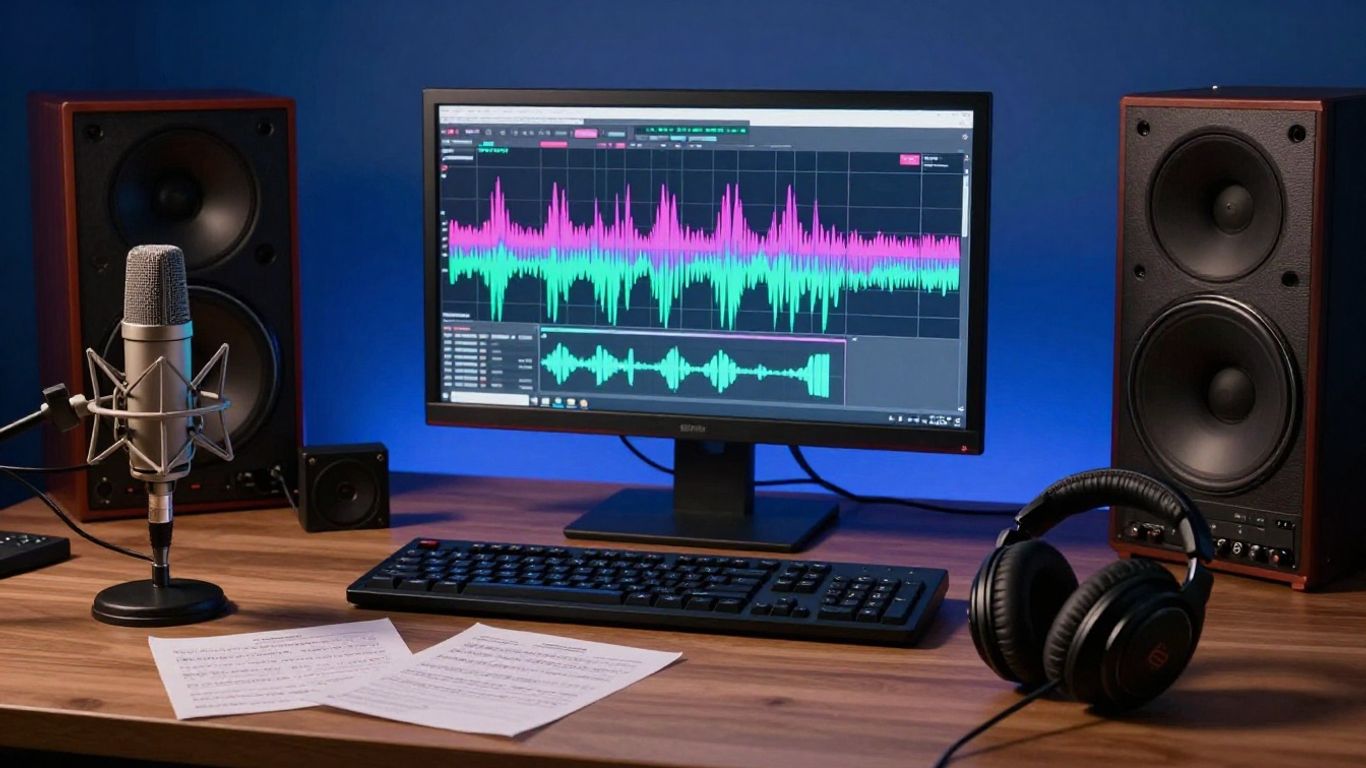 Neon studio with microphone and visual storyboard