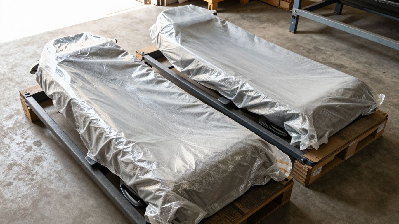 Pair of used performance seats prepared for shipping