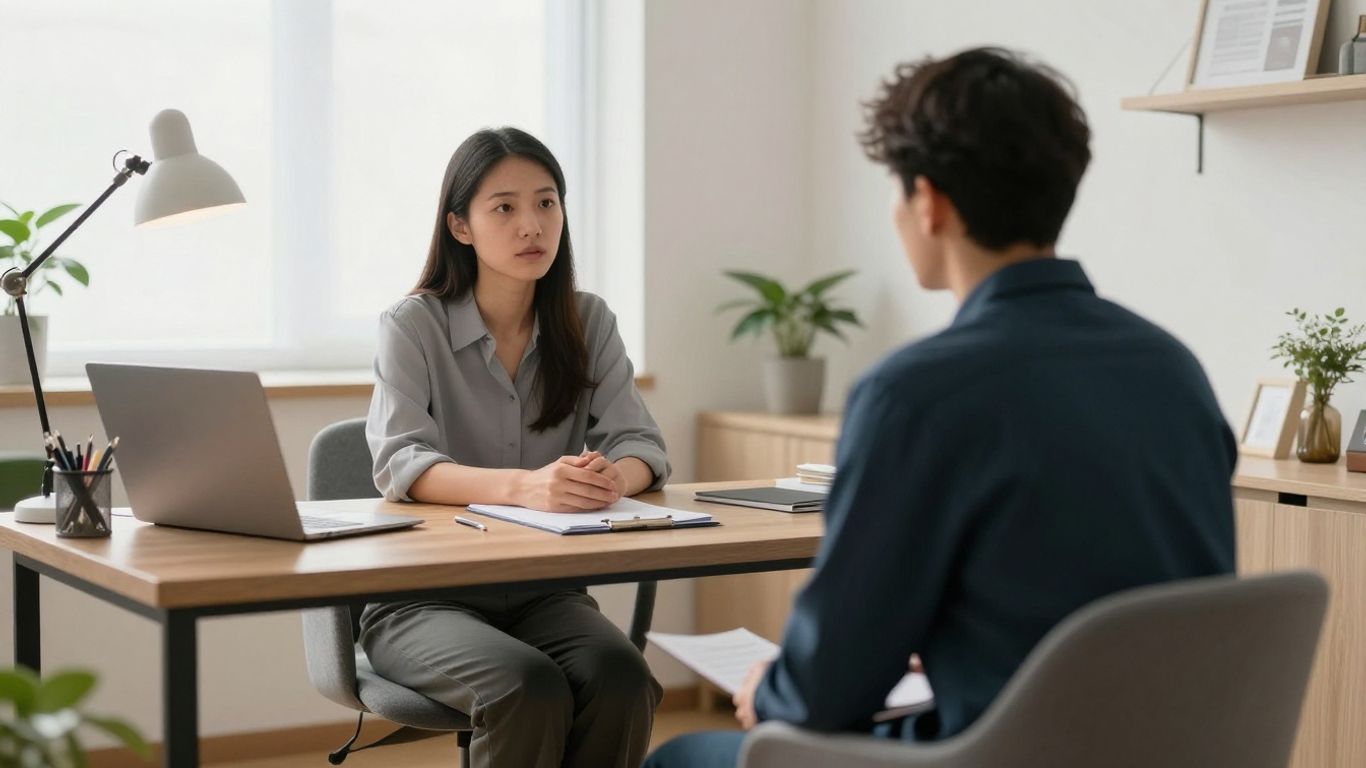 Psychiatrist evaluating a patient in an office.