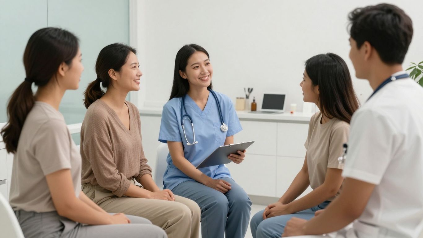 Diverse patients and staff in a modern medspa setting.