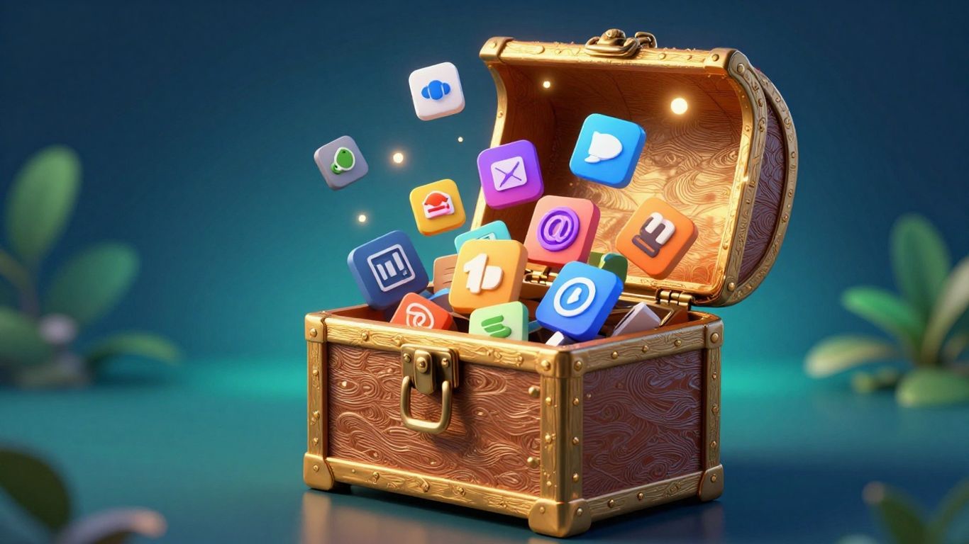 Treasure chest overflowing with software icons, symbolizing lifetime deals.