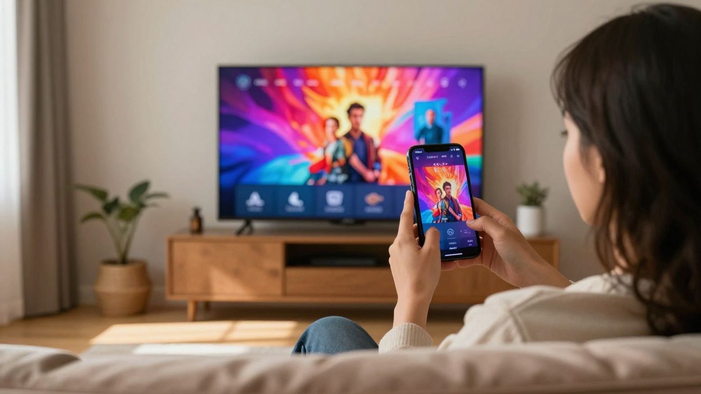 Person watching TV and phone with Hoopla app.
