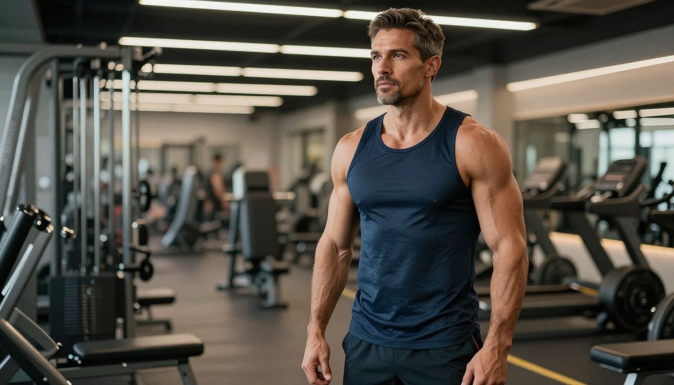 A diverse professional man in his 40s standing in a modern fitness and wellness facility, looking focused, confident, and healthy. High-quality, cinematic lighting, emphasizing vitality and physical health.
