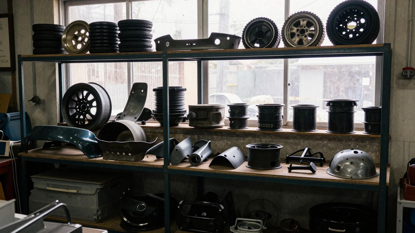 A diverse collection of JDM automotive parts in shop