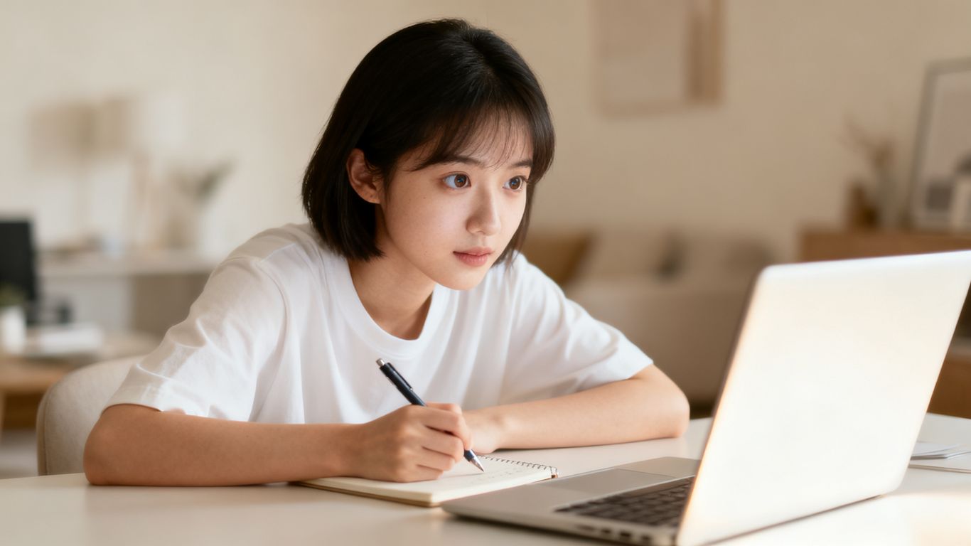 Woman actively listening during a video lecture on her laptop.