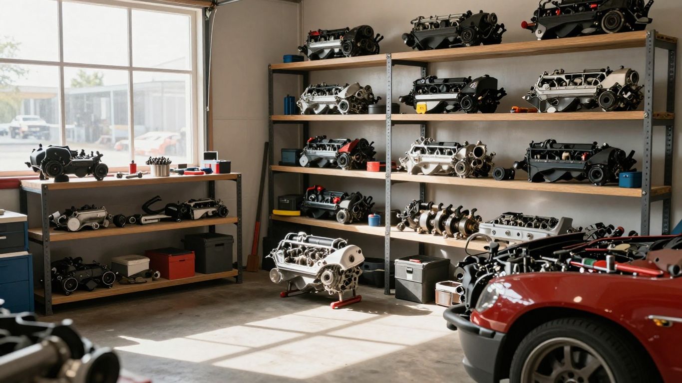 Used car engines displayed in a clean garage.