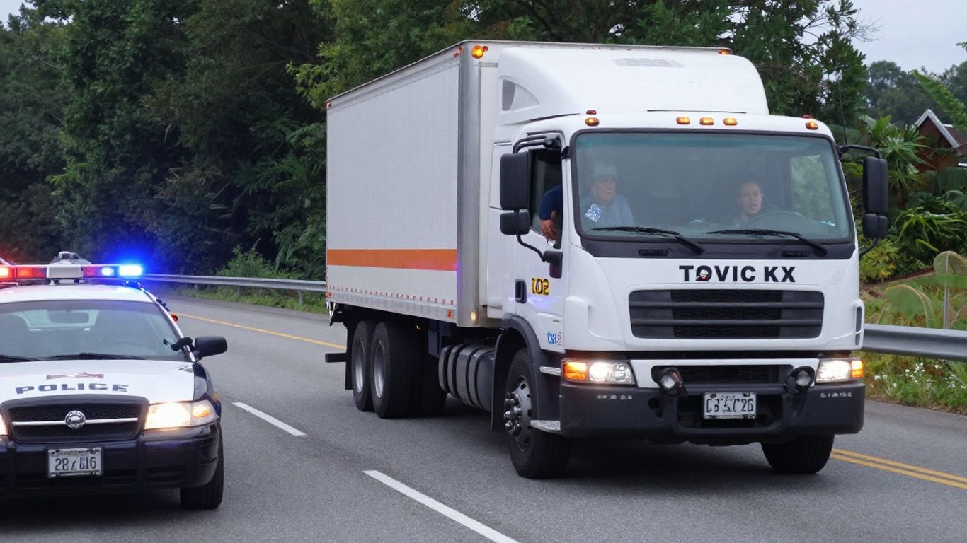 CDL truck pulled over on NC highway, police car lights flashing.