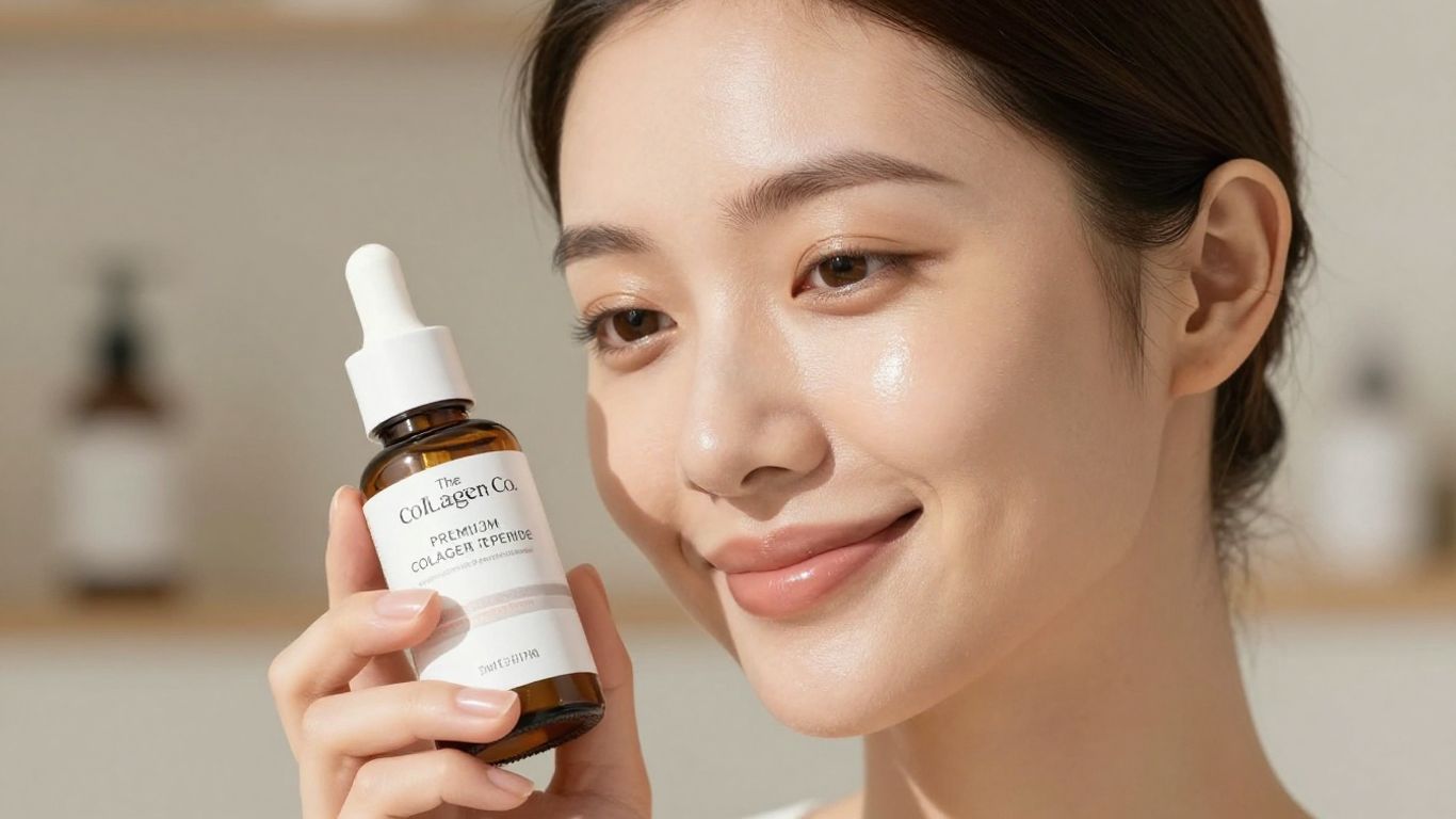 Woman with glowing skin holding collagen peptides bottle.