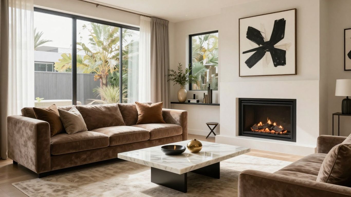 Luxurious Airbnb living room with modern furniture and decor.