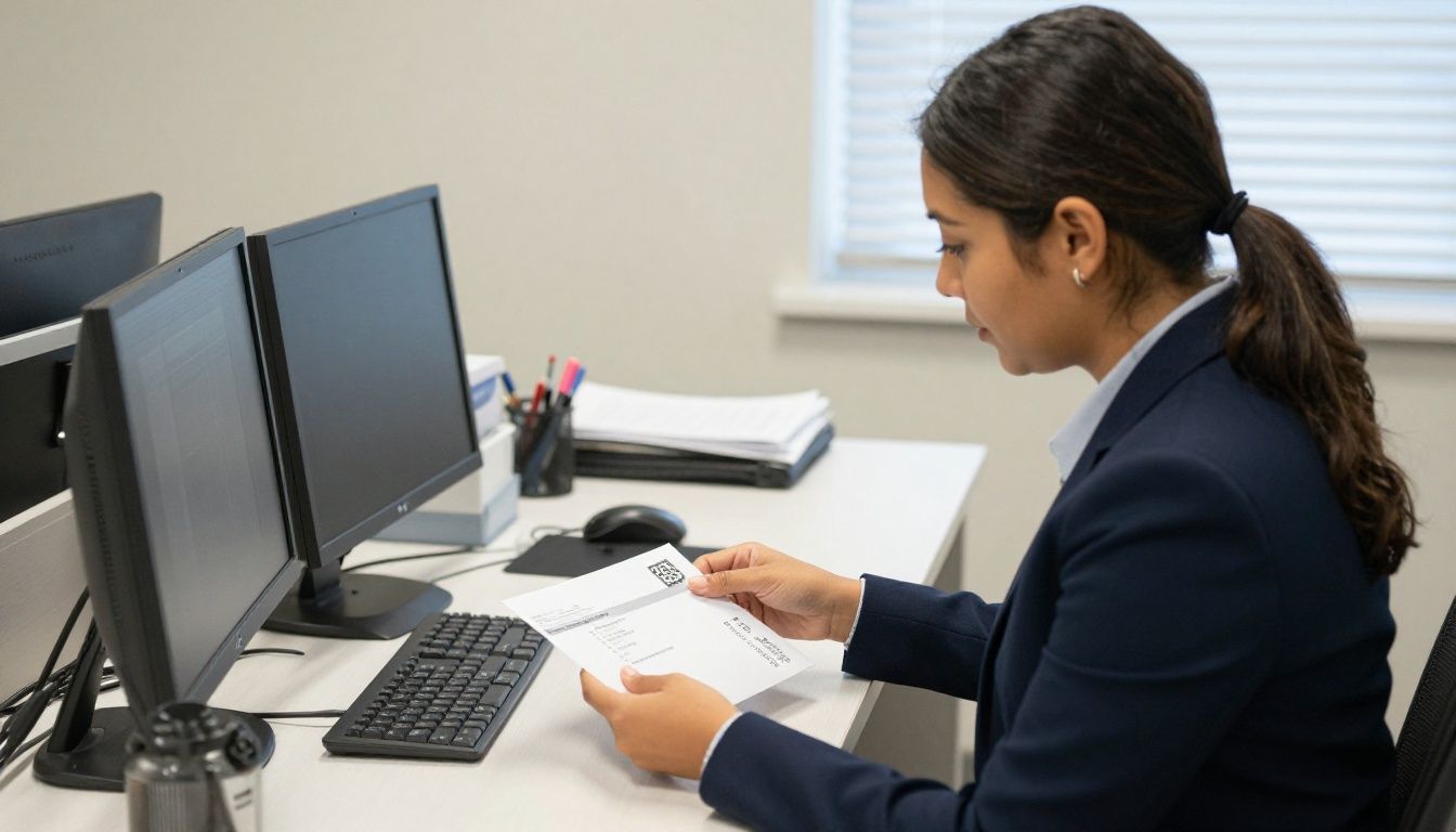 A diverse billing staffer carefully opening office mail at a behavioral health practice front desk and checking an unfamiliar payment envelope.