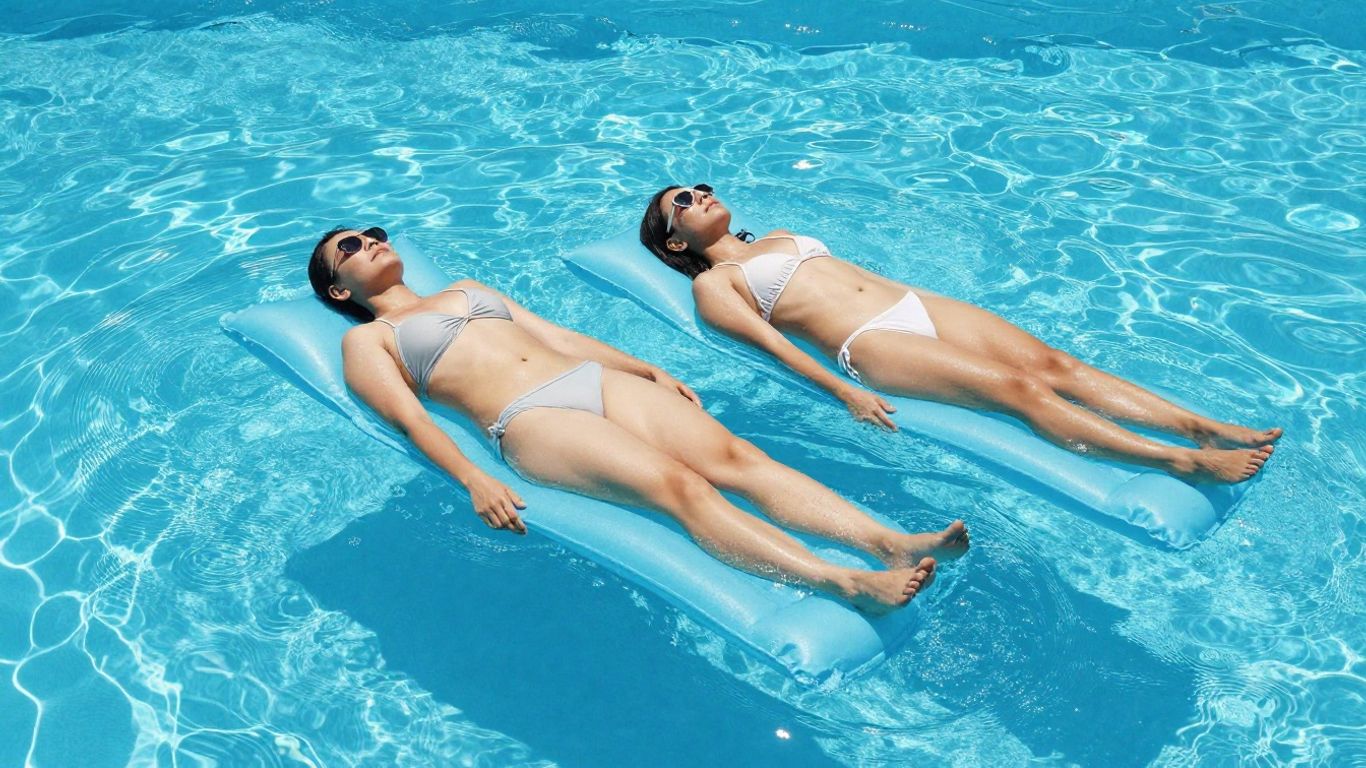 Two adults relaxing together on a wide pool float