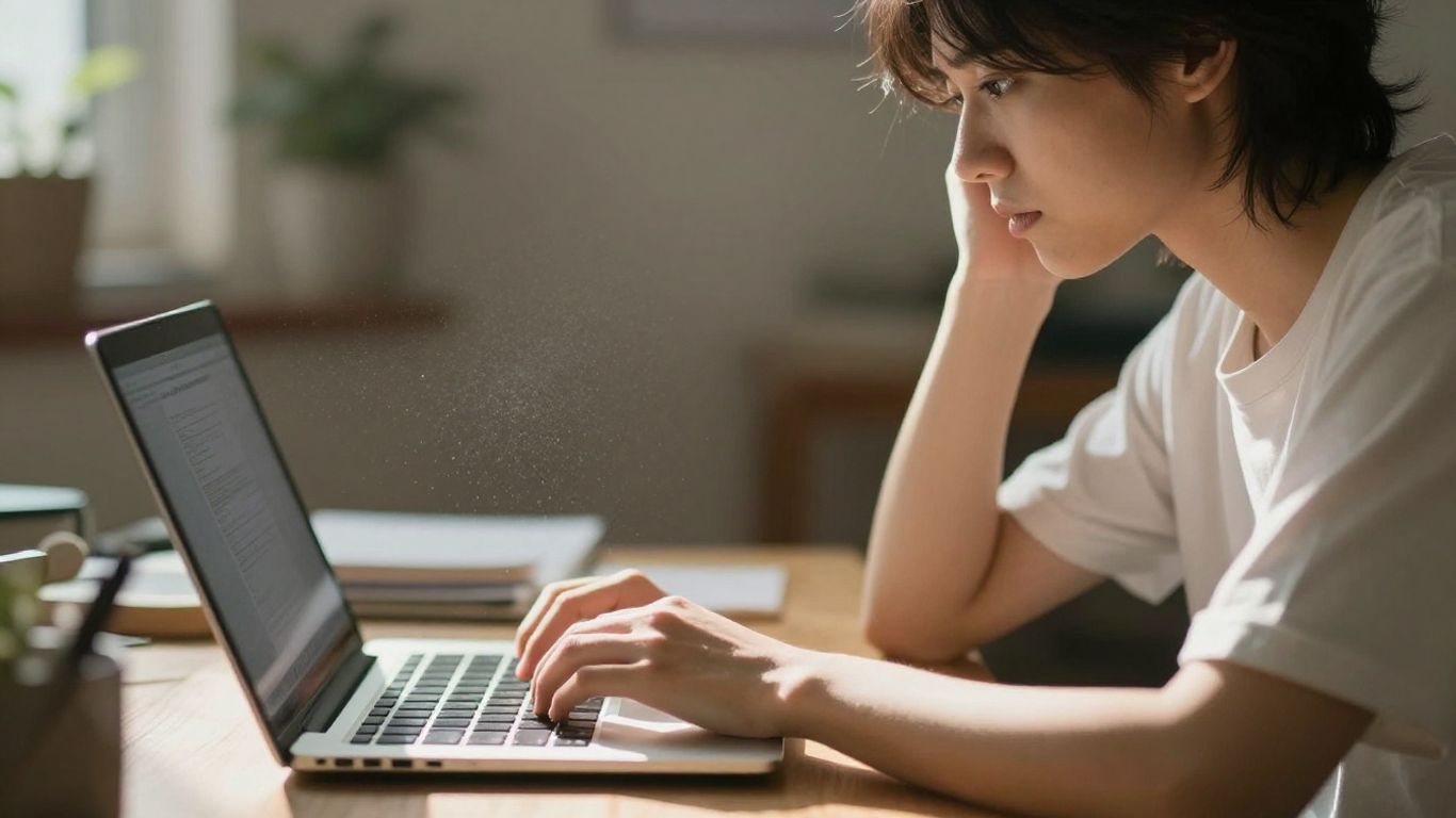 Person contemplating at a desk with a laptop.