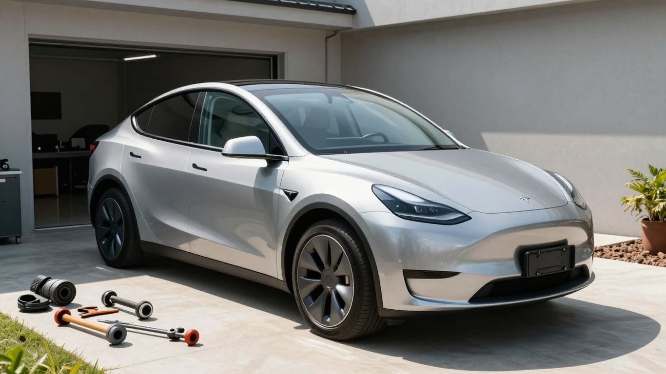 Tesla car in a garage with tools.