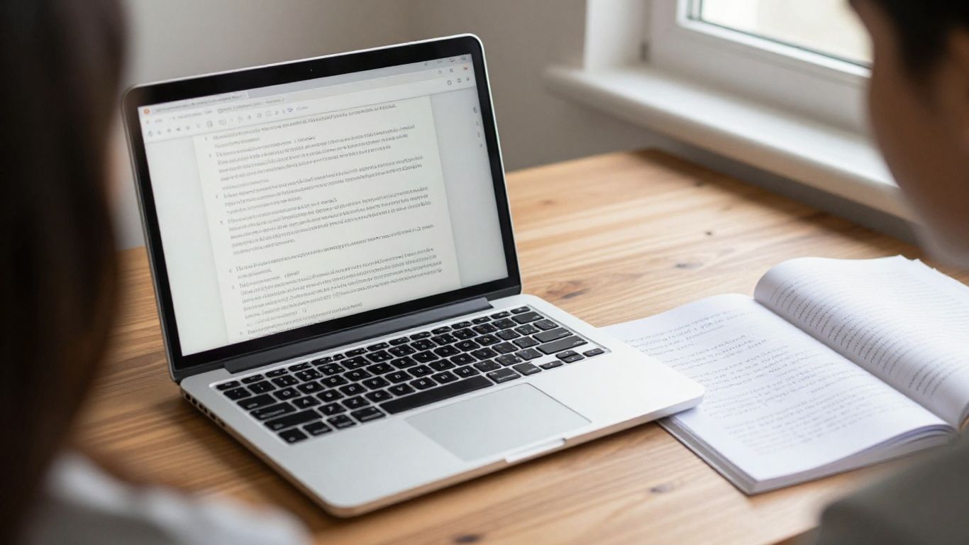 A writer reviewing a document beside research notes