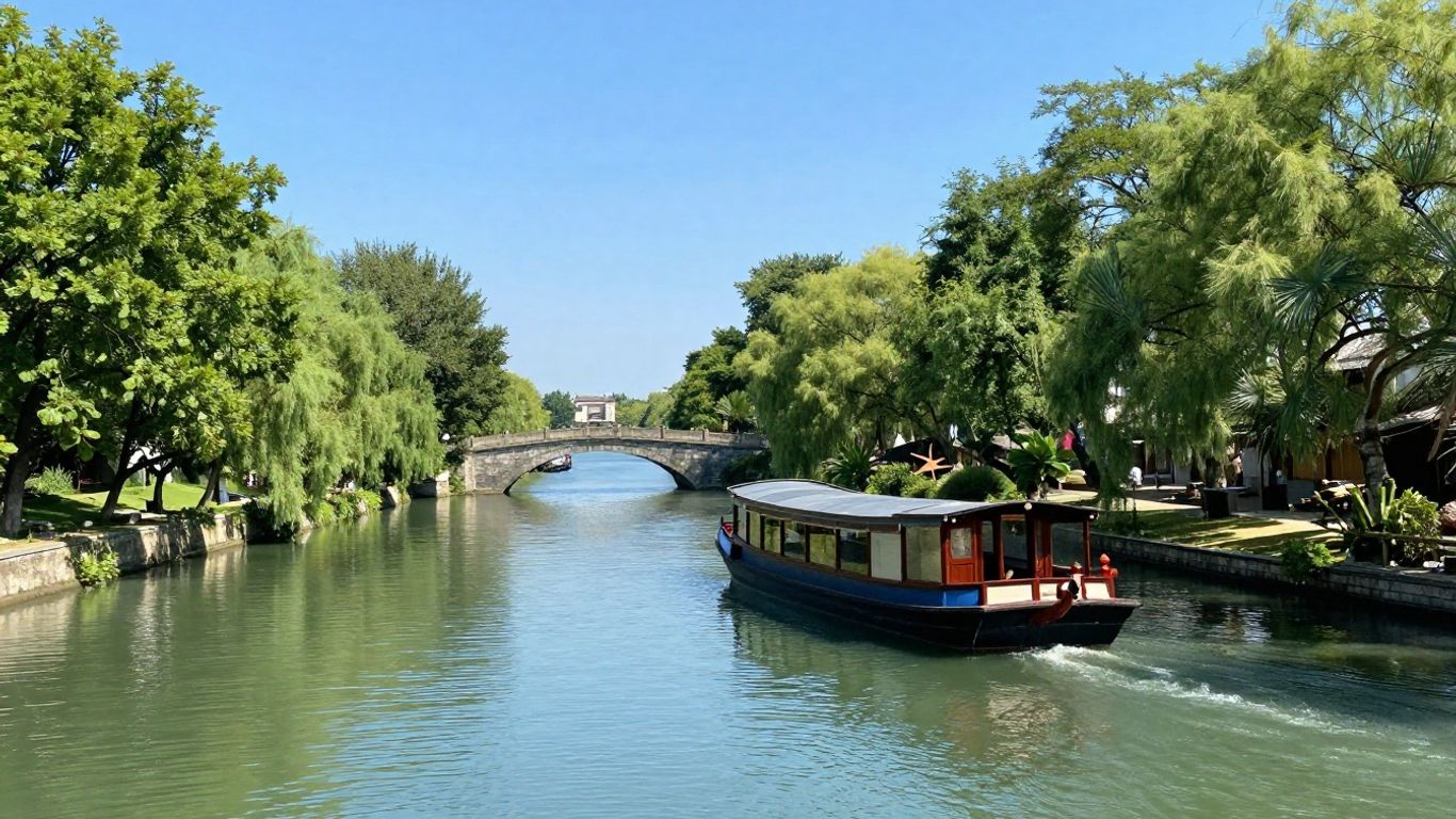 Barge on Canal du Midi with trees and bridge.