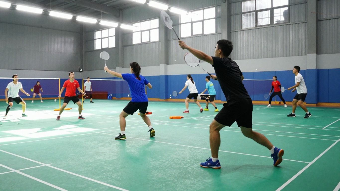 Badminton players in action on a court.