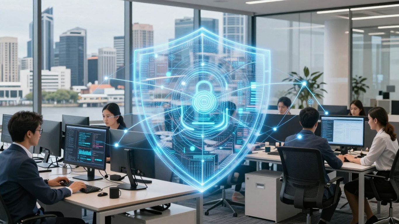 Brisbane business office with digital security shield.