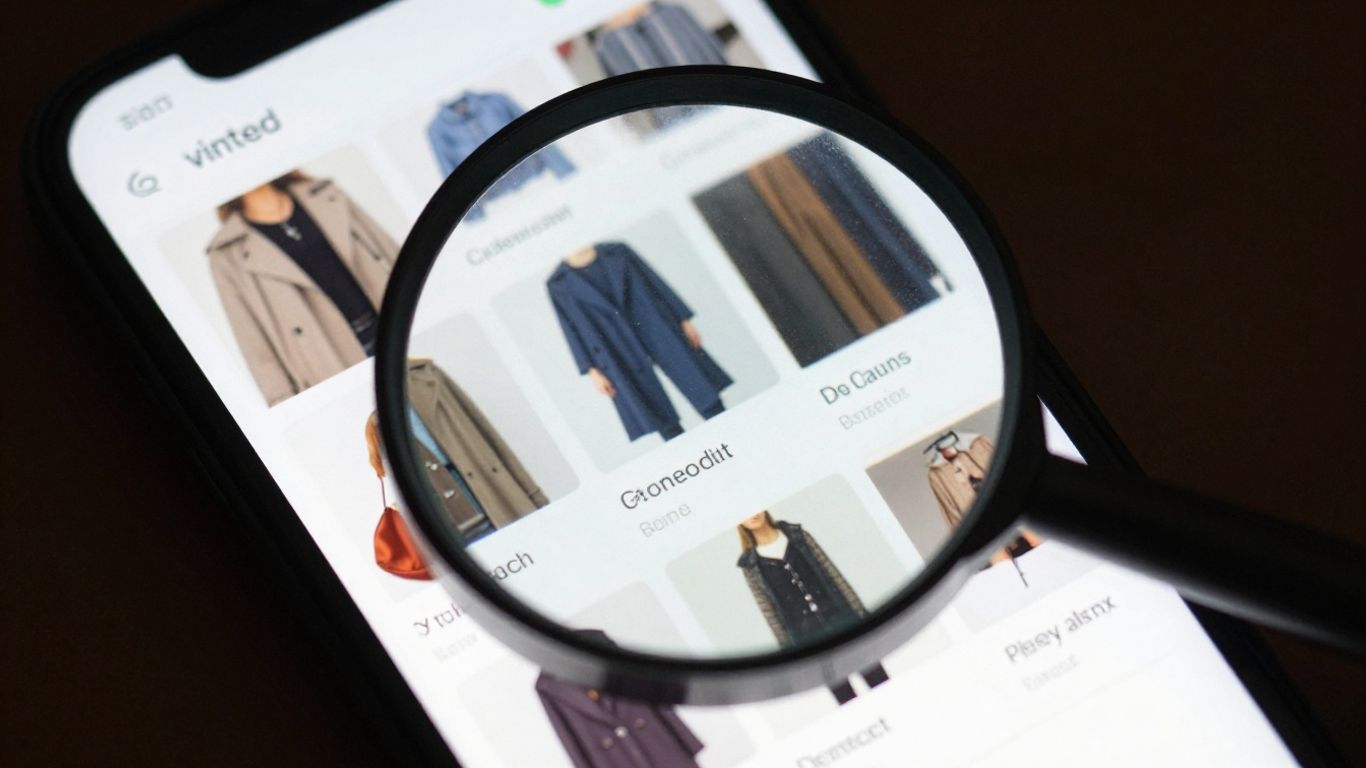 Vinted app med tøjannoncer og et forstørrelsesglas.