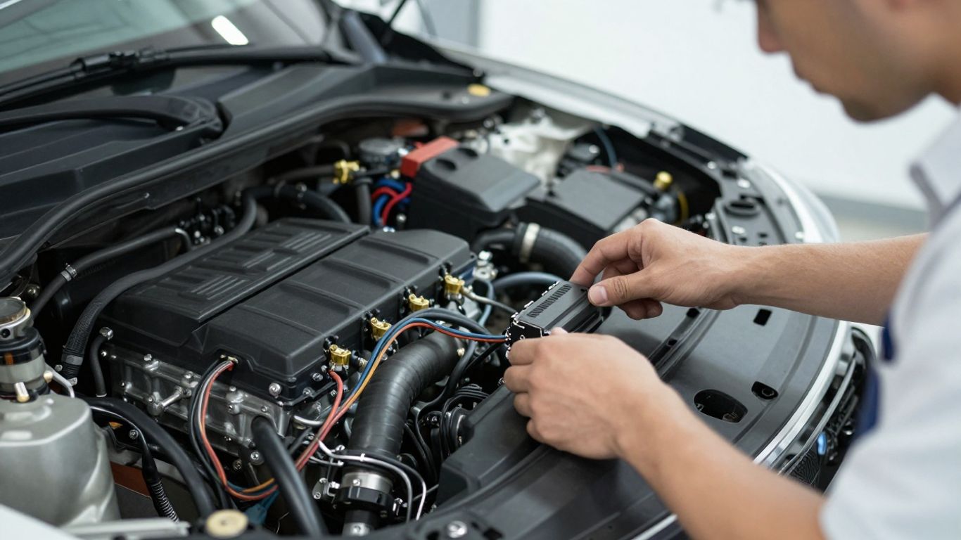 Mechanic inspecting vehicle electronics under hood
