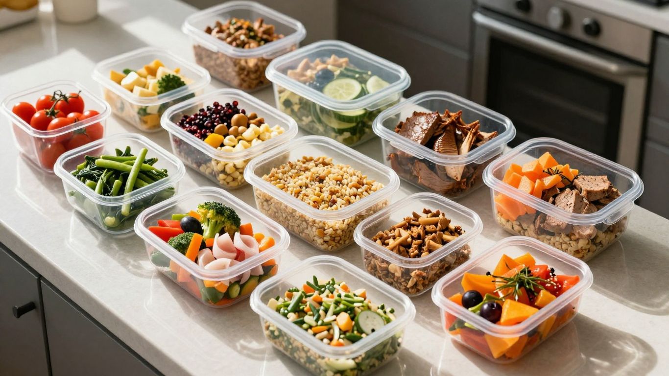 Neatly arranged pre-portioned meals for weekly meal prep.