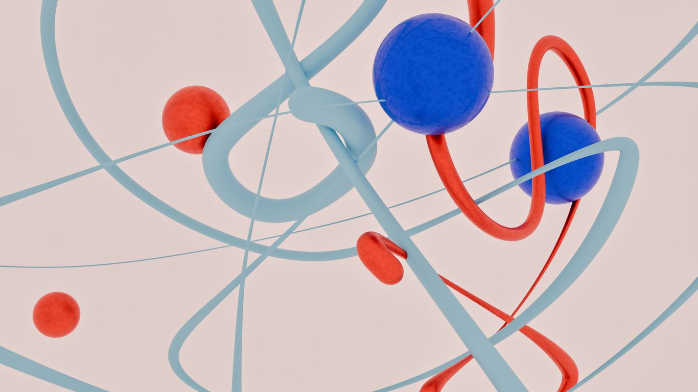 Abstract red and blue spheres with swirling lines