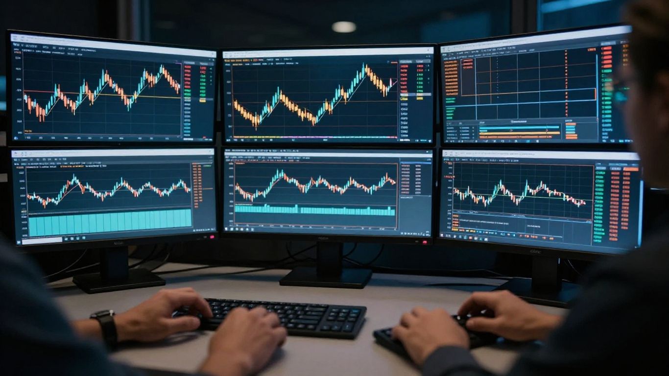 Futures trader working across multiple monitors