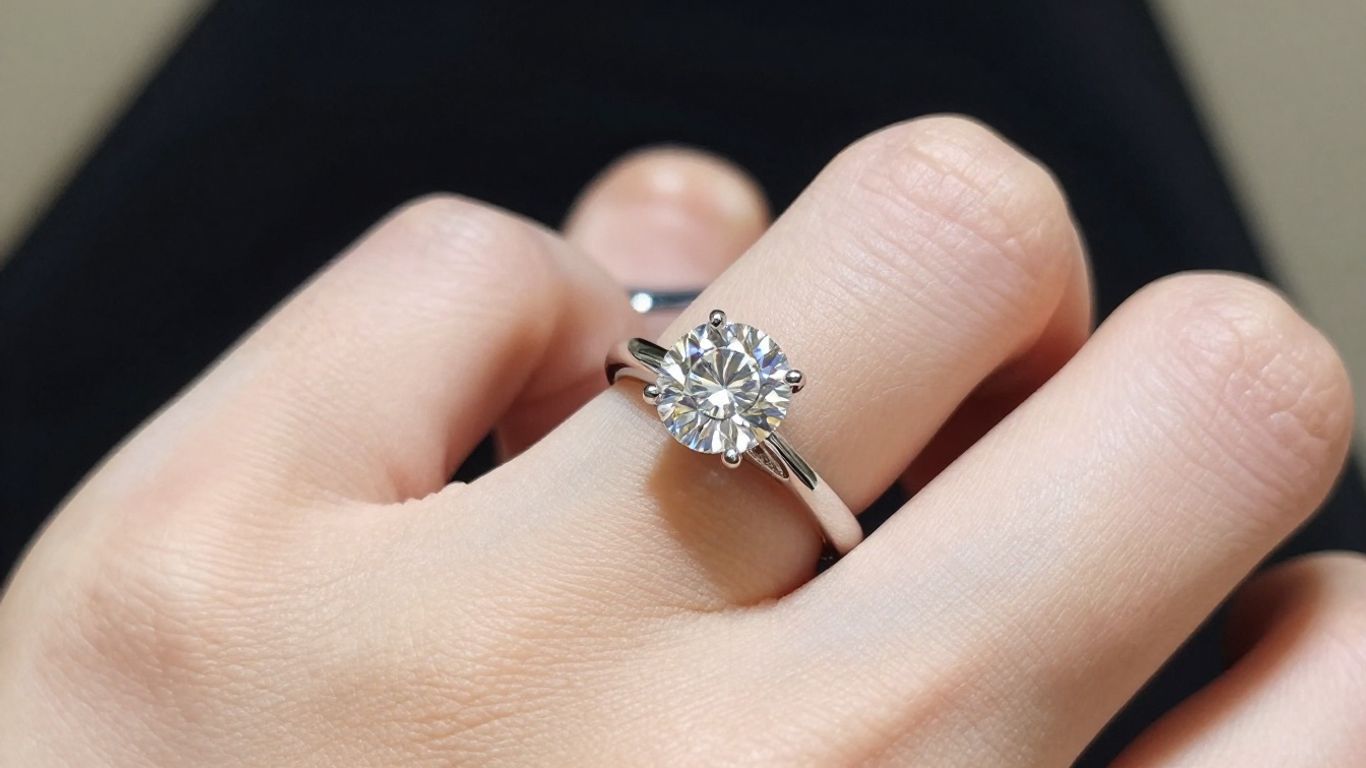 Sparkling diamond engagement ring on a finger.