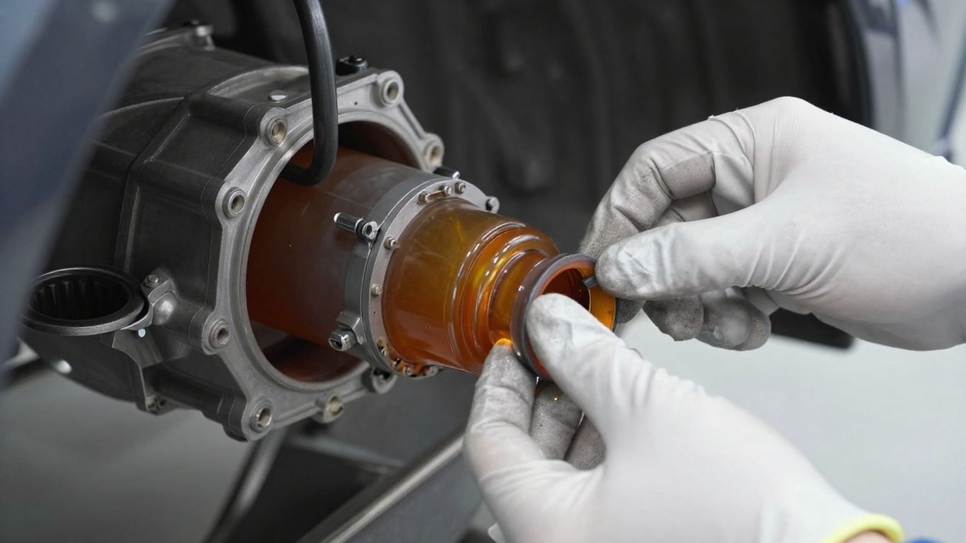Close view of leaking transmission fluid beneath Audi
