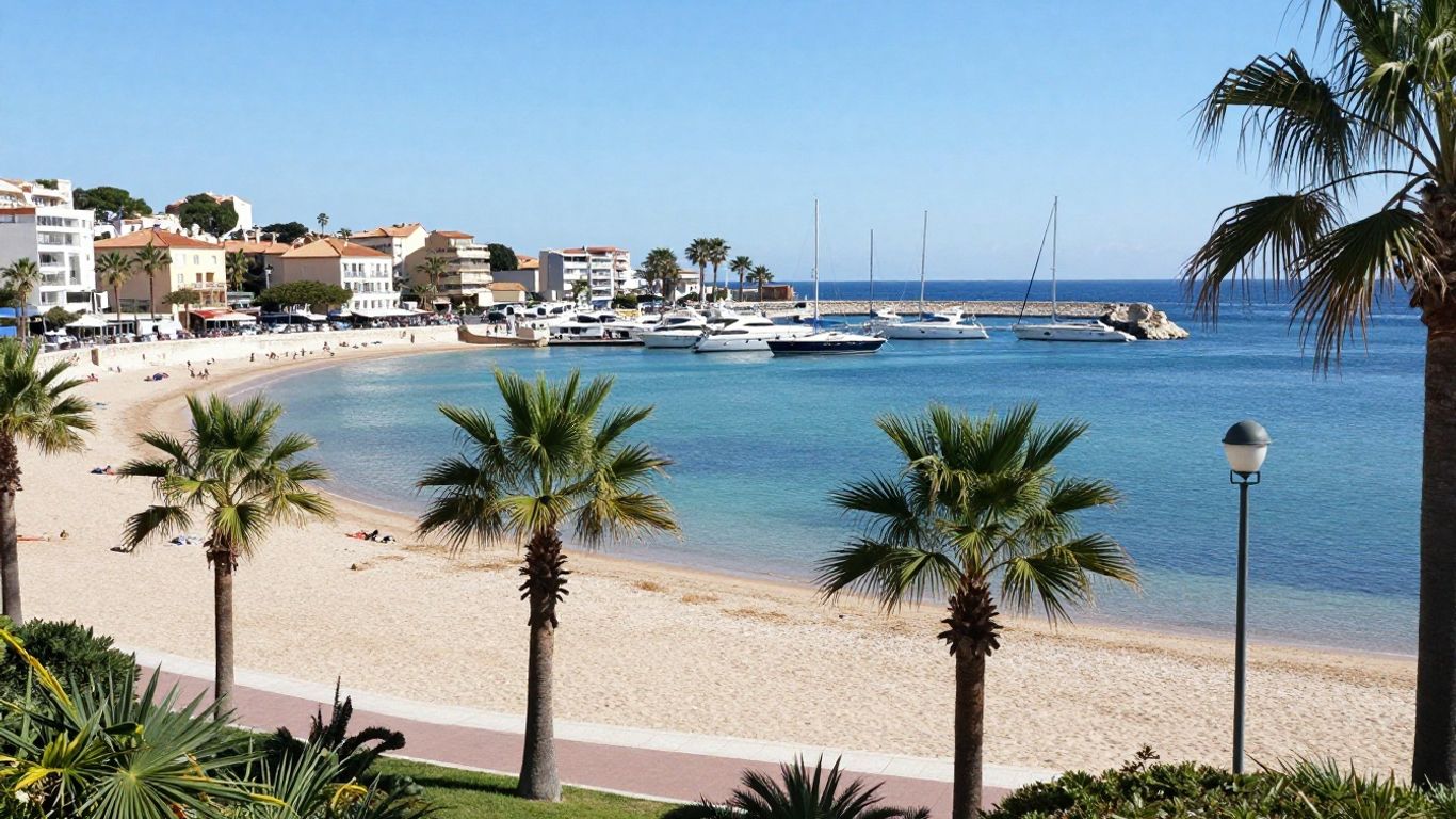 Cap d'Agde coastline with beaches, blue water, and buildings.