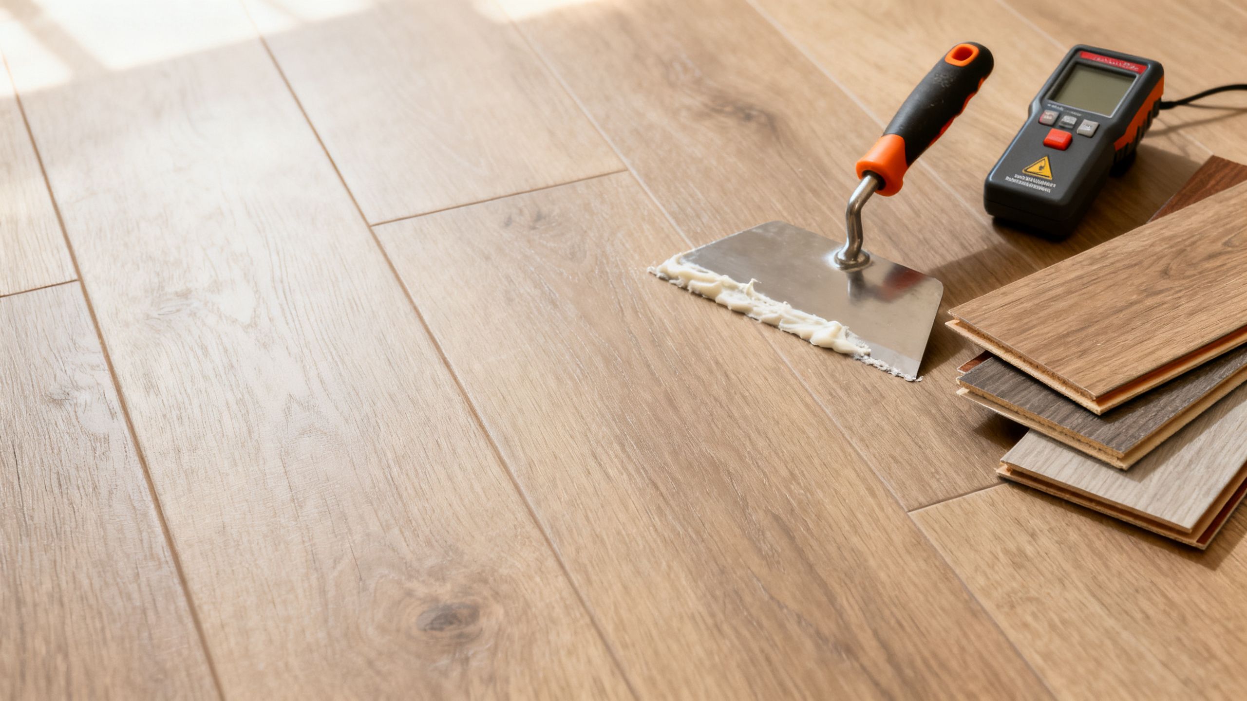 Prepared smooth subfloor ready for professional vinyl or LVT installation, with adhesive tools, moisture testing equipment and flooring samples nearby