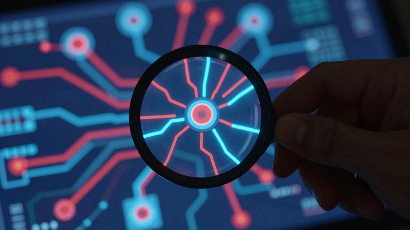 Digital circuits with glowing blue and red lines under a magnifying glass.