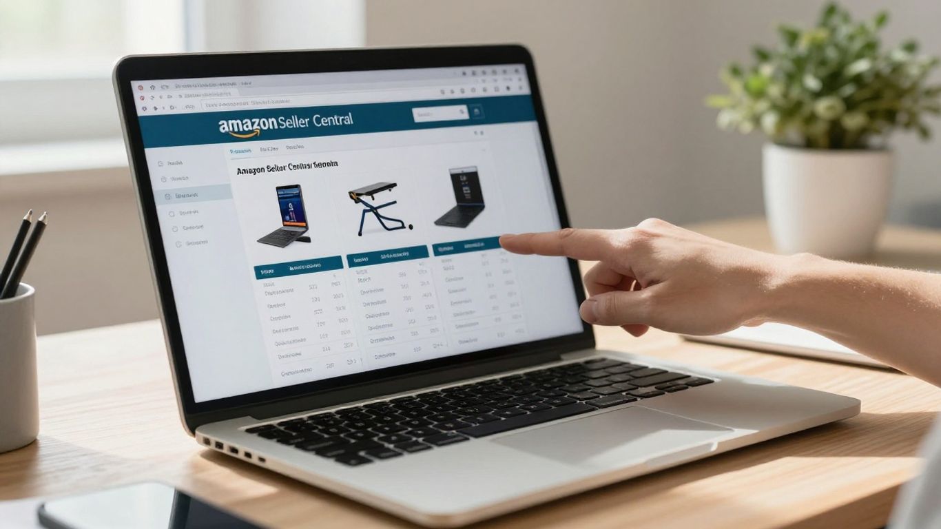 Amazon Seller Central dashboard with product listings and inventory.