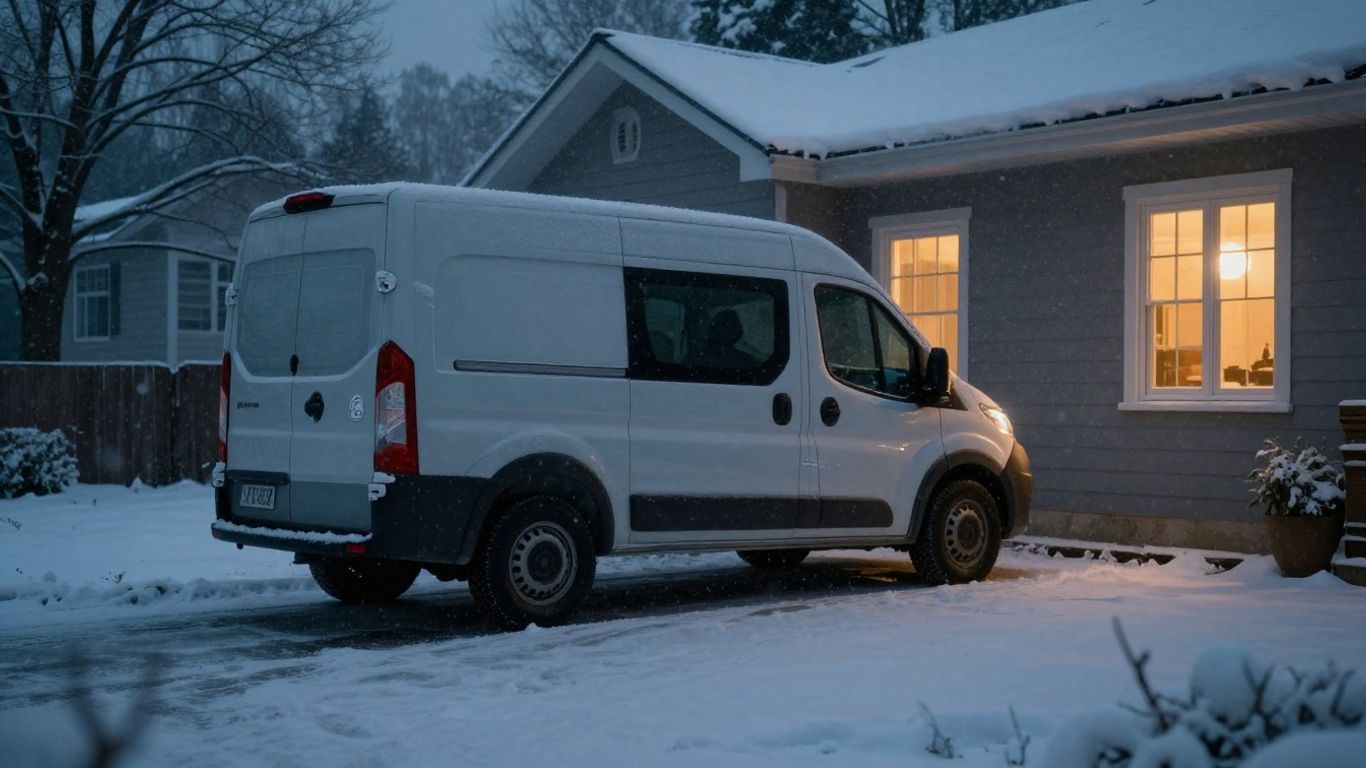 Contractor van in snowy driveway, winter home service.