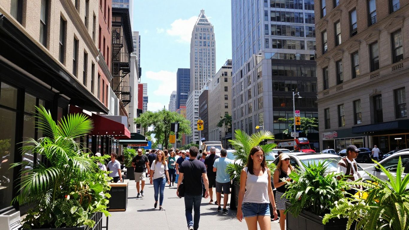 New York City street with skyscrapers and people.