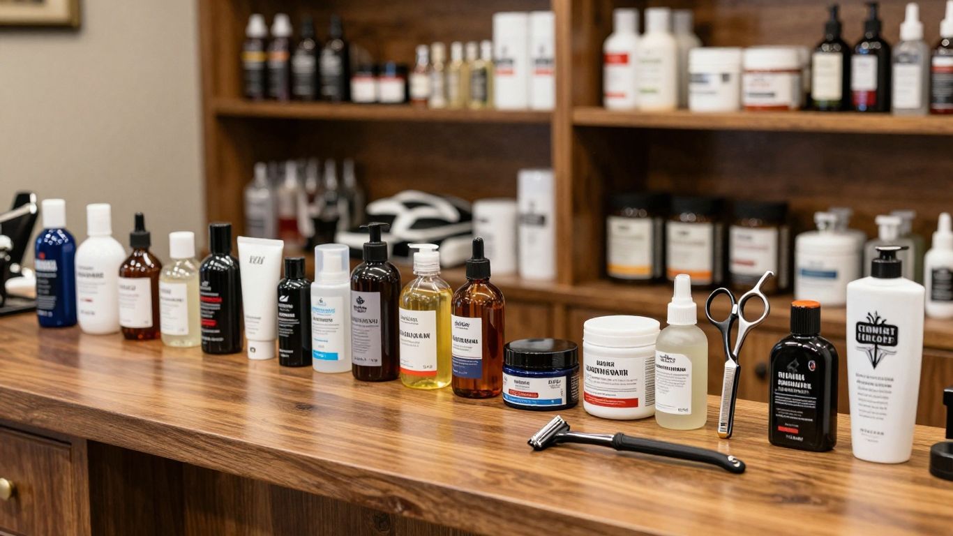 Barbershop counter with grooming products and retail items.