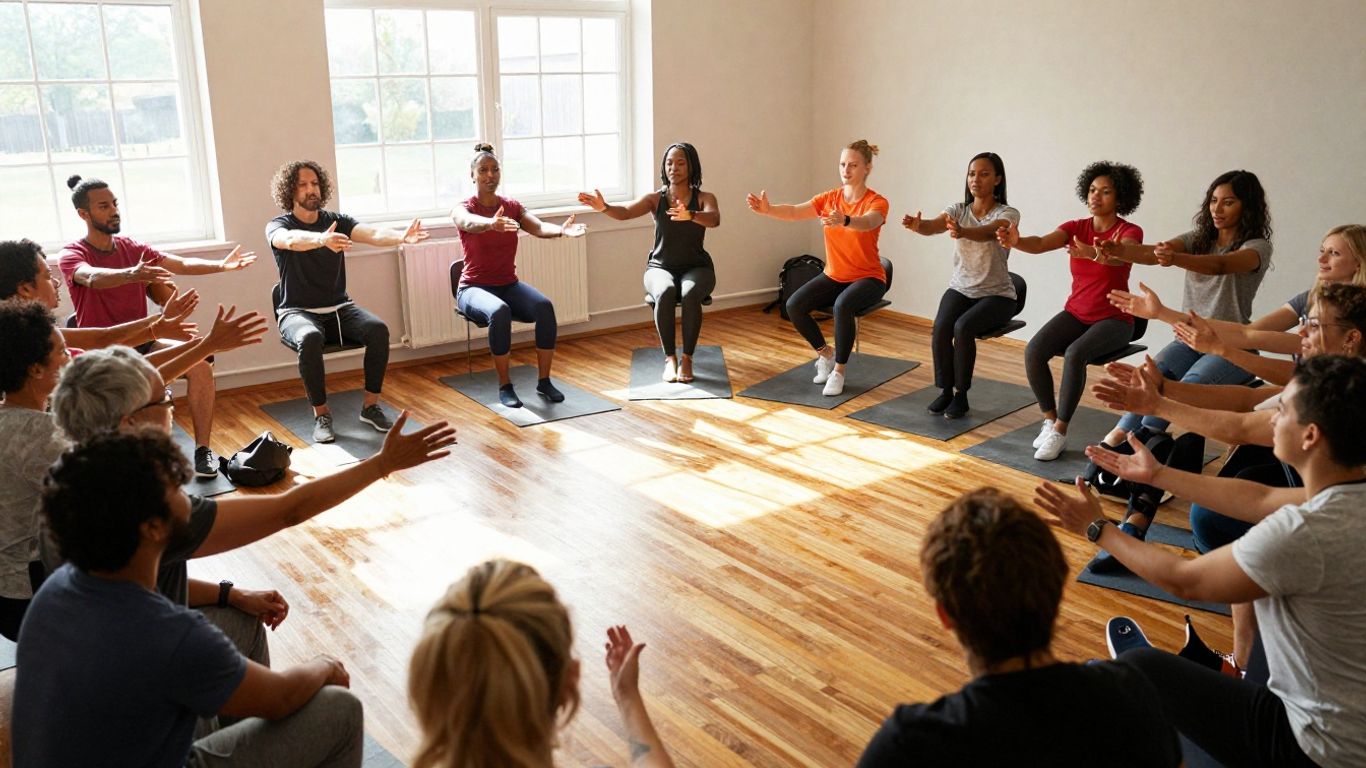 People at a wellness seminar, vibrant and energetic.