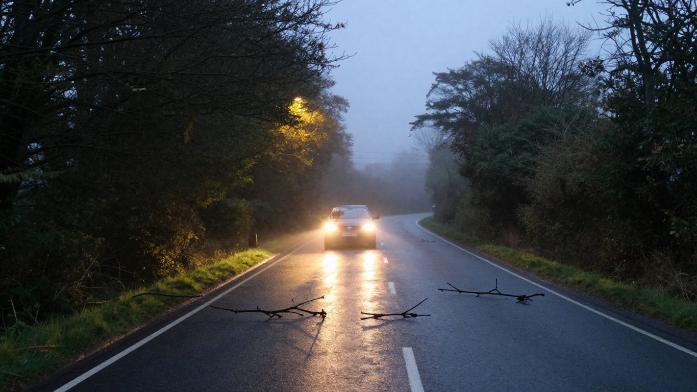 Headlights illuminating a hazard on a dark road