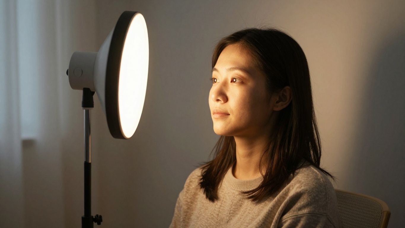 Person genießt Lichttherapie zu Hause.