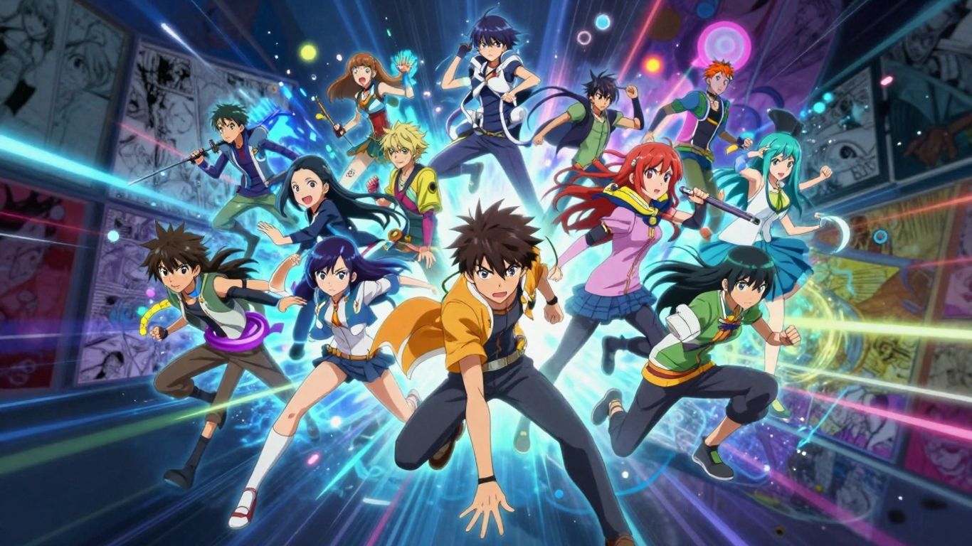 Personagens de mangá em ação com efeitos digitais brilhantes.